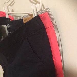 Hot pink, navy blue and seersucker shorts.